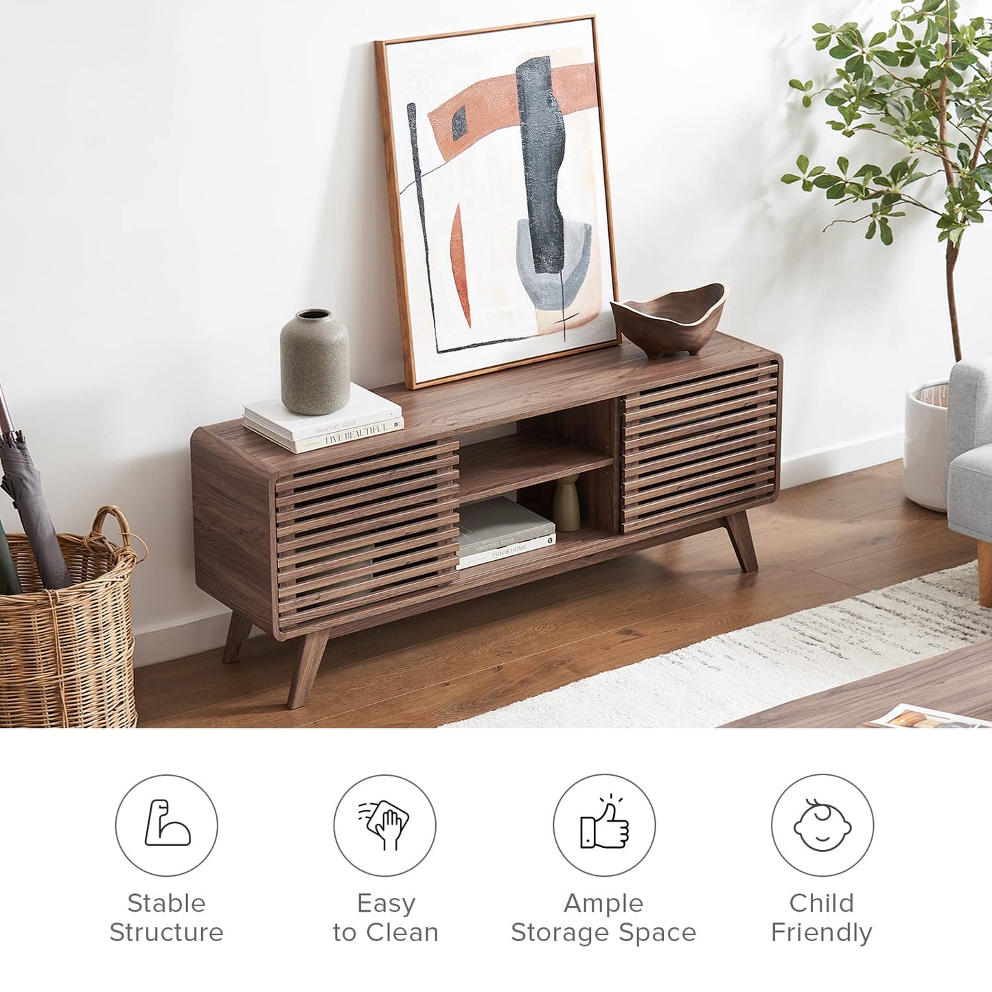 mopio Ensley TV Stand, Mid Century Modern for 55/60/65 inch TV, Farmhouse TV Stand, Entertainment Center (Walnut, 59" Tall)