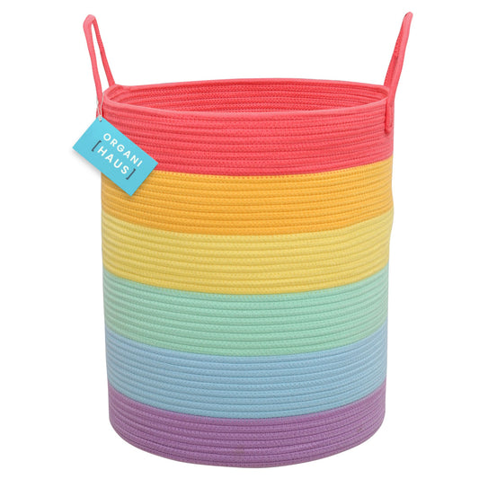 OrganiHaus Large Blanket Basket for Living Room 20x13, Rainbow Rope Basket for Classroom Organization, Toy Storage Basket, Woven Kids Laundry Basket