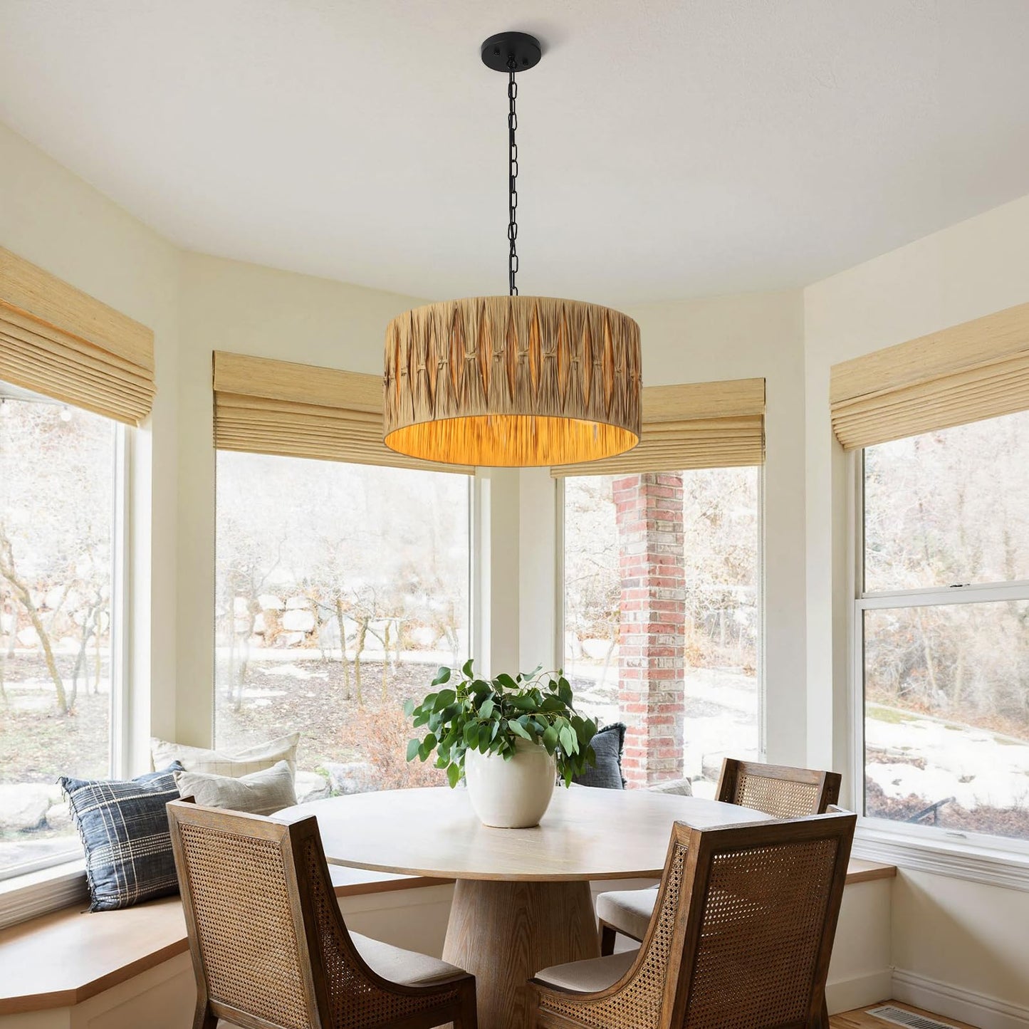 Rattan Pendant Lights, Large Wicker Chandelier Hand-Woven Boho Pendant Light Rattan Basket Hanging Light
