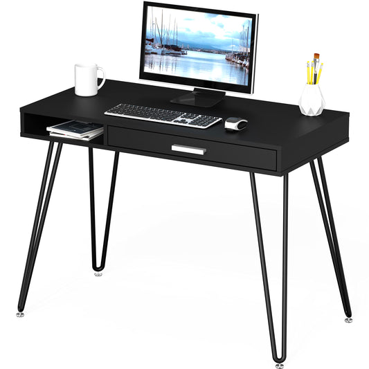 SHW Home Office Computer Hairpin Leg Desk with Drawer, Rustic Brown