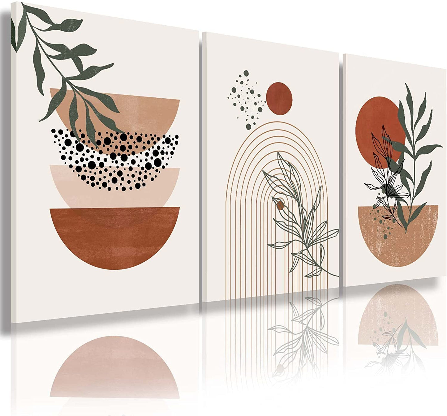 Sage Green Wall Posters & Prints, Green Boho Wall Art Set of 3, Minimalist Framed Wall Art Geometric Line Leaf Sun Moon Beige Green