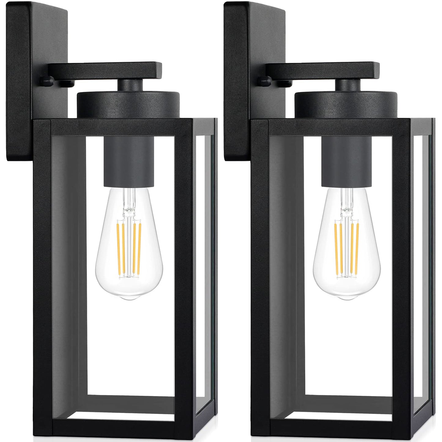 Outdoor Wall Light Fixtures, Exterior Waterproof Wall Lanterns, Porch Sconces Lighting with E26 Sockets & Glass Shades, Modern Matte Black Outside Lights for Patio Front Door Entryway Garage, 2-Pack