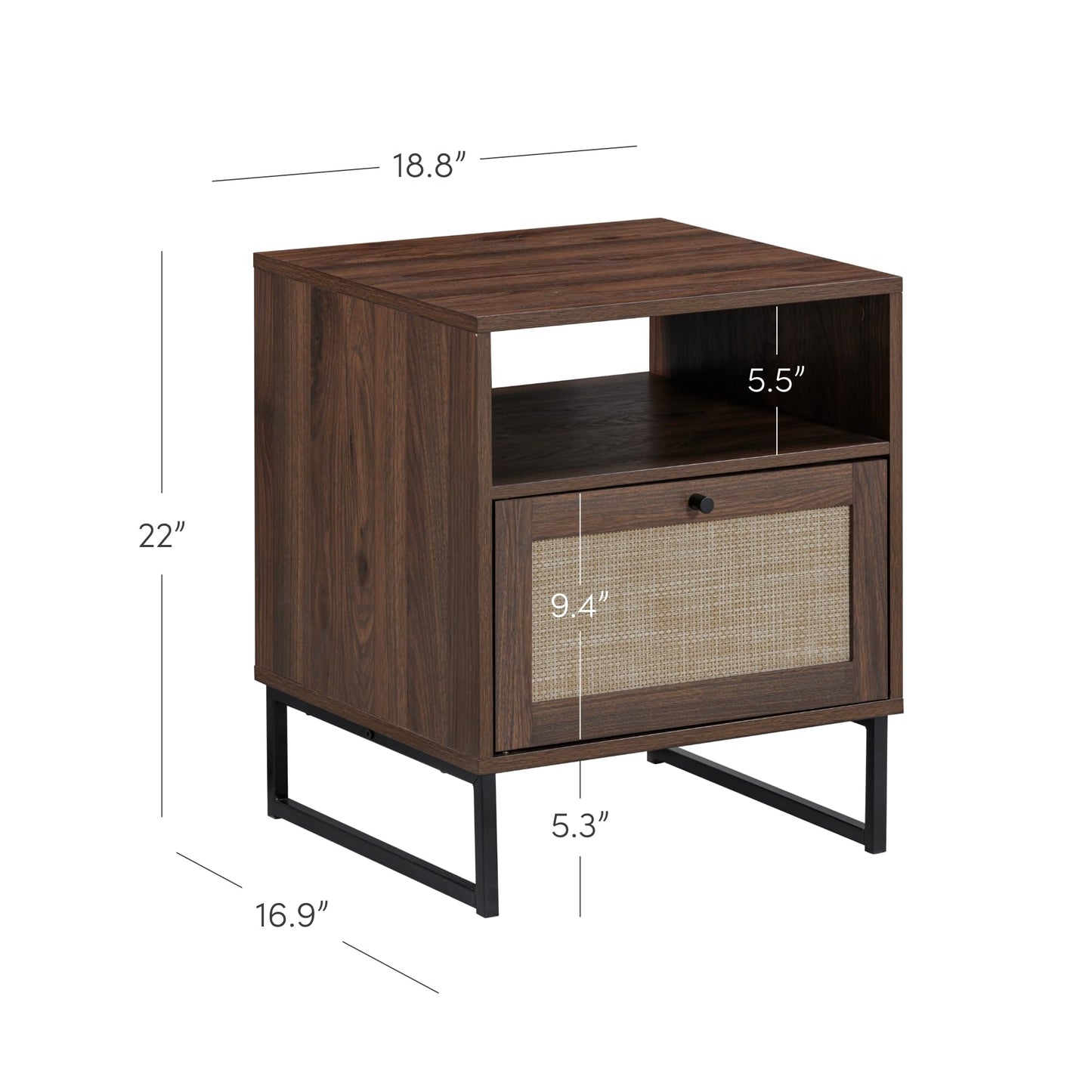 Nathan James Mina Rattan Wood End Side Accent Table Nightstand with Storage for Living Room or Bedroom, 1, Oak/Black