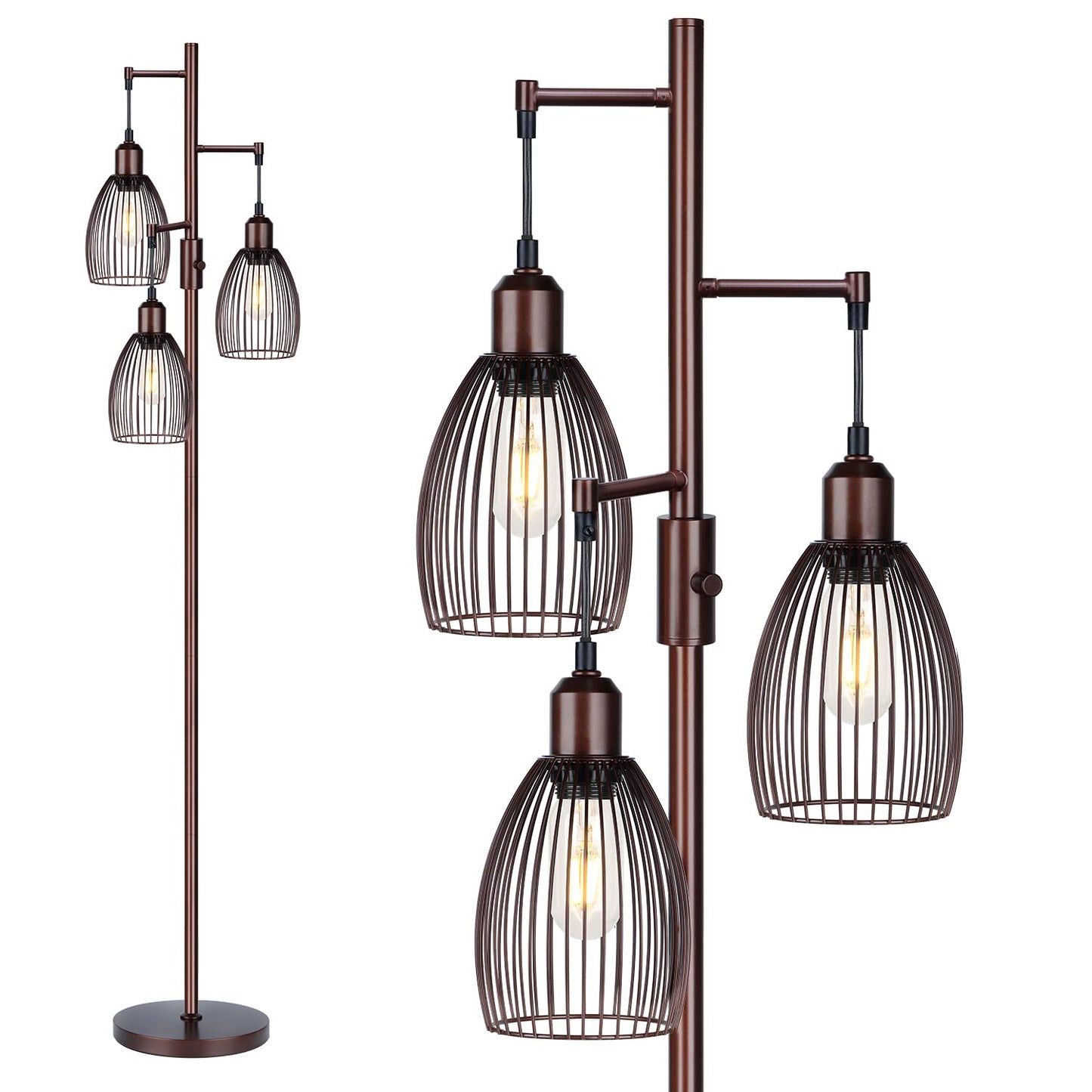 Dimmable Industrial Floor Lamps for Living Room, Gold Tree Standing Tall Lamps with 3 Elegant Teardrop Cage Head & 800 Lumens LED Bulbs