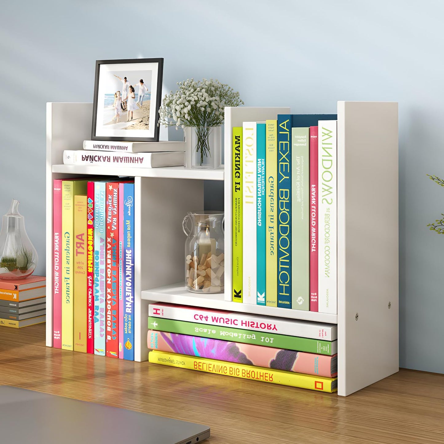 YSJILIDE Wood Adjustable Small Desktop Bookshelf, Expandable Storage Organizer