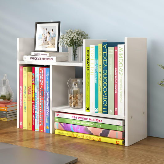YSJILIDE Wood Adjustable Small Desktop Bookshelf, Expandable Storage Organizer
