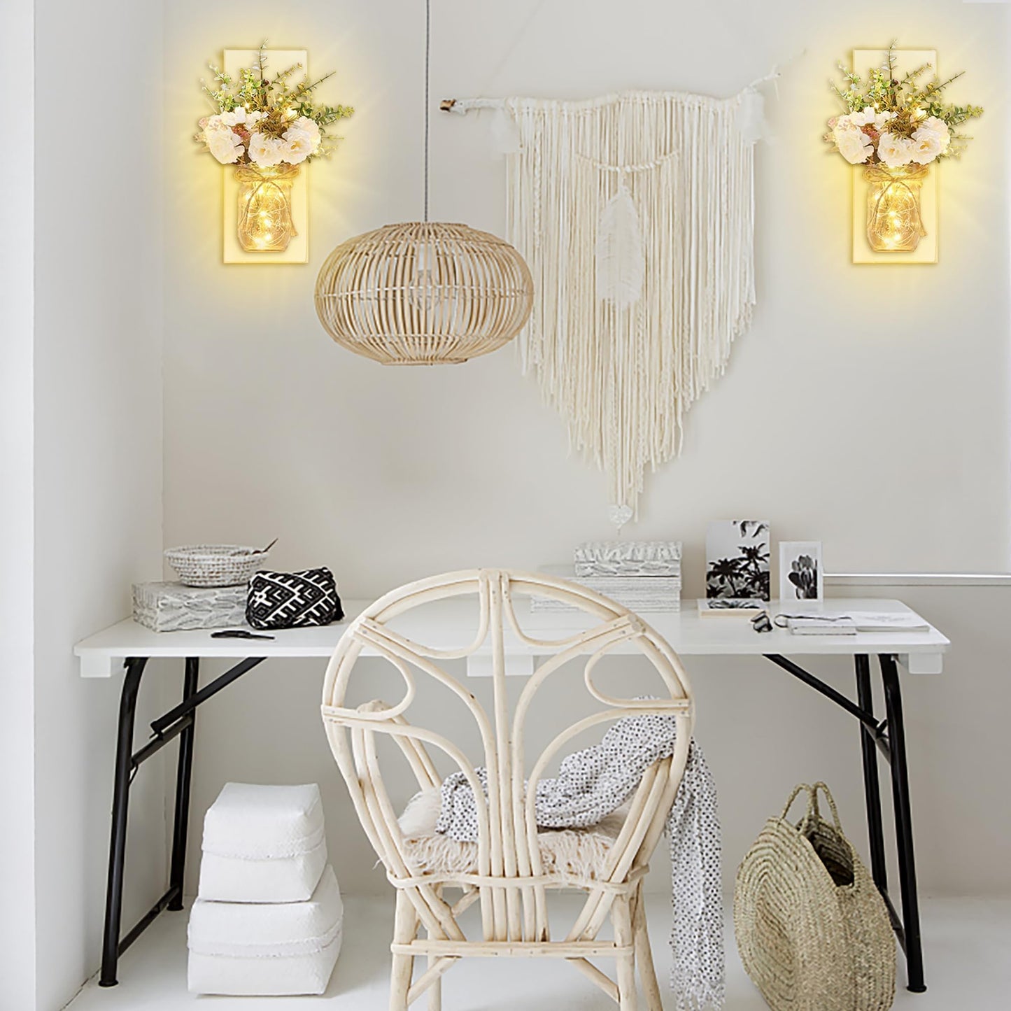 Rustic Wall Sconces Mason Jar Sconces Handmade Wall Art Hanging Design with Remote Control LED Fairy Lights and White Peony,Christmas Decor Gift Farmhouse Wall Home Decor Living Room Lights Set of Two