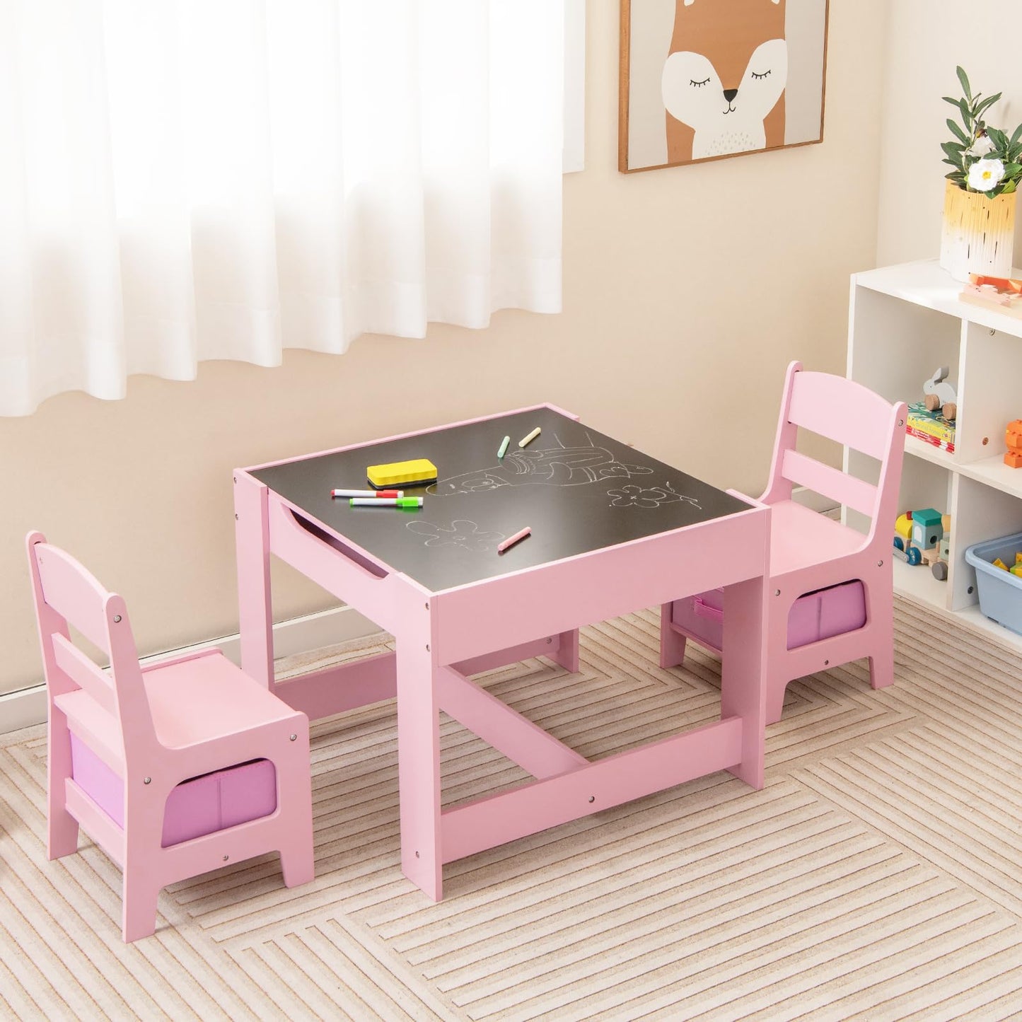 Costzon Kids Table and Chairs, 4 in 1 Wooden Activity Desk Set w/Reversible Tabletop, Bookshelves & Storage Drawers for Drawing, Reading, Crafts, Playing, Toddler Table and Chair Set