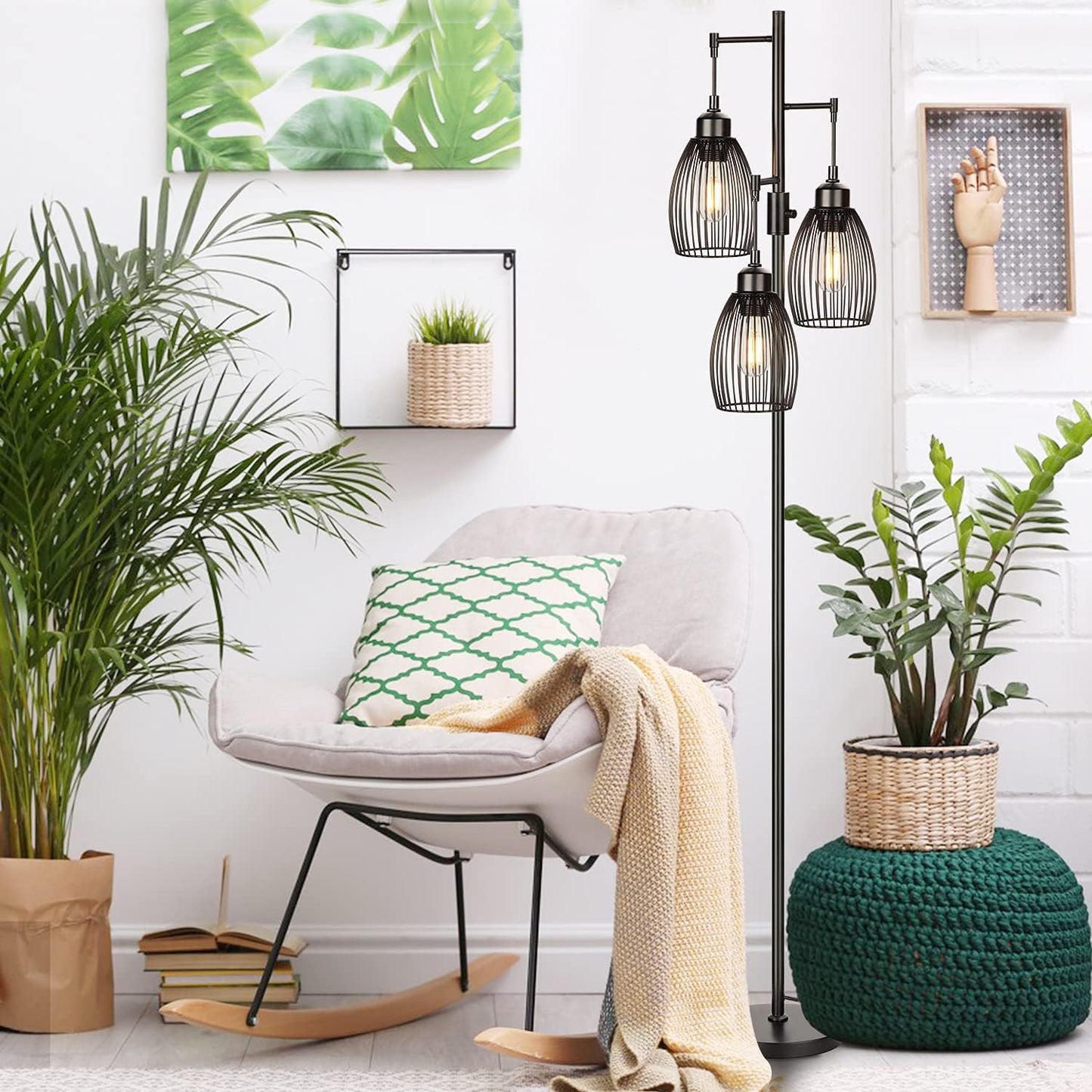 Dimmable Industrial Floor Lamps for Living Room, Gold Tree Standing Tall Lamps with 3 Elegant Teardrop Cage Head & 800 Lumens LED Bulbs