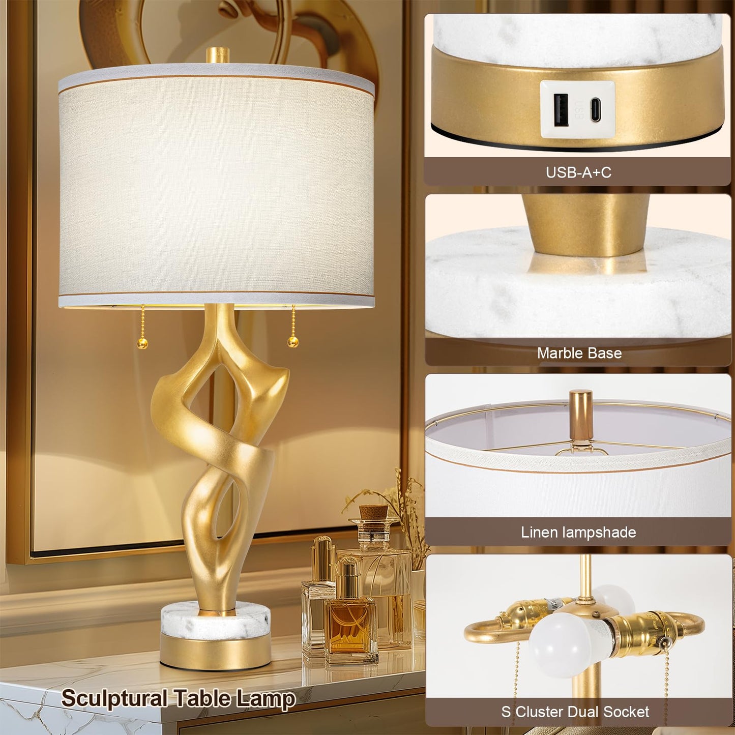 Scenekoy Sculptural Table Lamp Set of 2 for Bedroom, 26” Farmhouse Bedside Lamps for Living Room, Rustic Linen Shade Night Stand Lamp Marble Base with USB Ports for Home Decor (E26 Bulbs Included)
