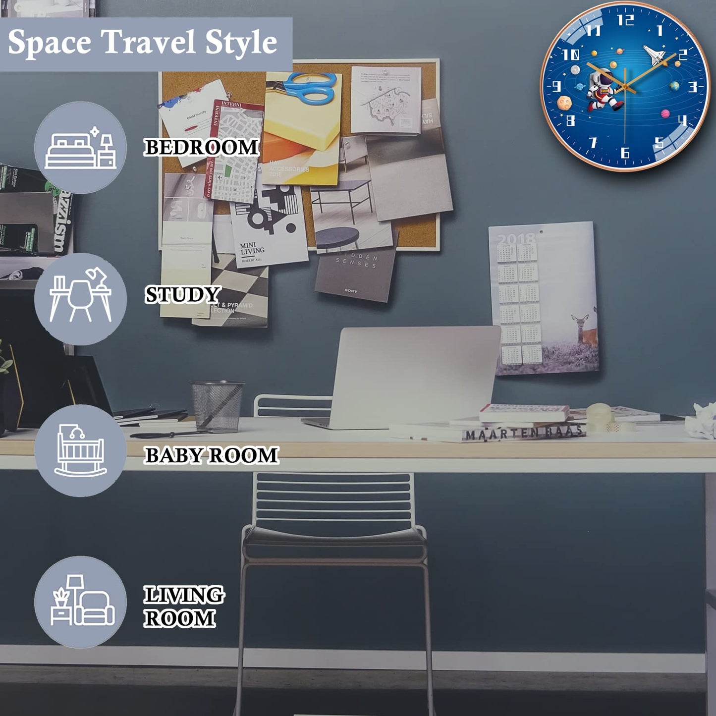 12 Inch Silent Movement Kids Wall Clock, Non Ticking Children Round Wall Clock Battery Operated Space Travel Style Decor Children Clock for School Boys Bedroom Living Room Space Decor (Blue)