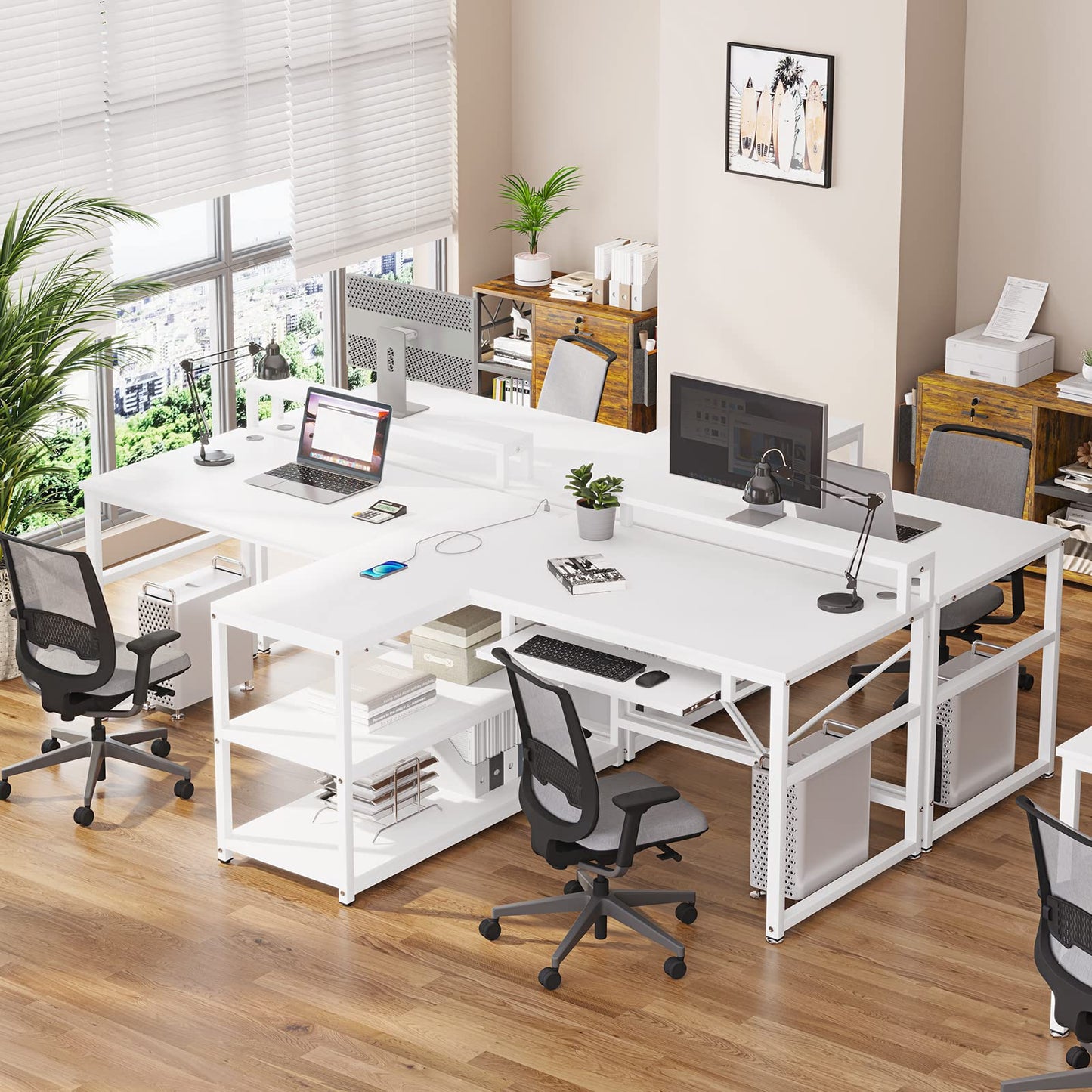 SEDETA 94.5" Home Office Desks, Computer Gaming Desk with Storage, LED Lights, Power Strip with USB, Keyboard Tray & Monitor Stand, Extra Long Double Desk for 2 Person