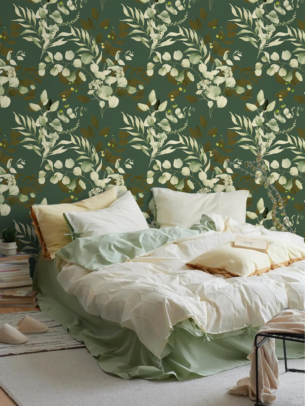 HAOKHOME Peel and Stick Wallpaper Boho Green/White Eucalyptus Leaf Floral Wall Mural Home Nursery Decor Renter Friendly Wallpaper 17.3in x 9.8ft