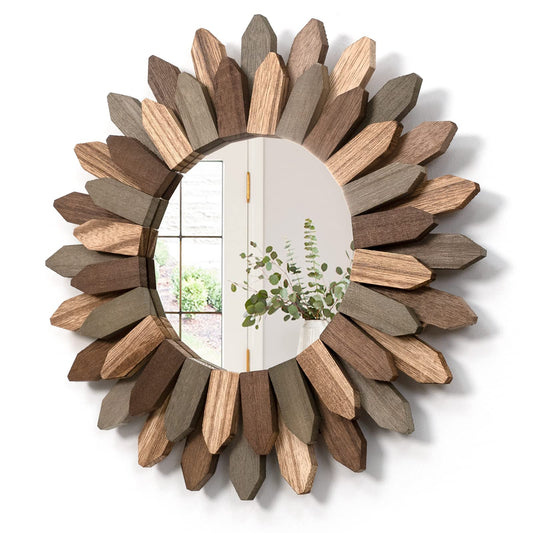 Honiway Wall Mirror Decorative 12 inch Rustic Wood Mirror Sunburst Boho Mirror for Entryway Bedroom Living Room Bathroom House Warming Gifts New Home Essential Carbonized Black