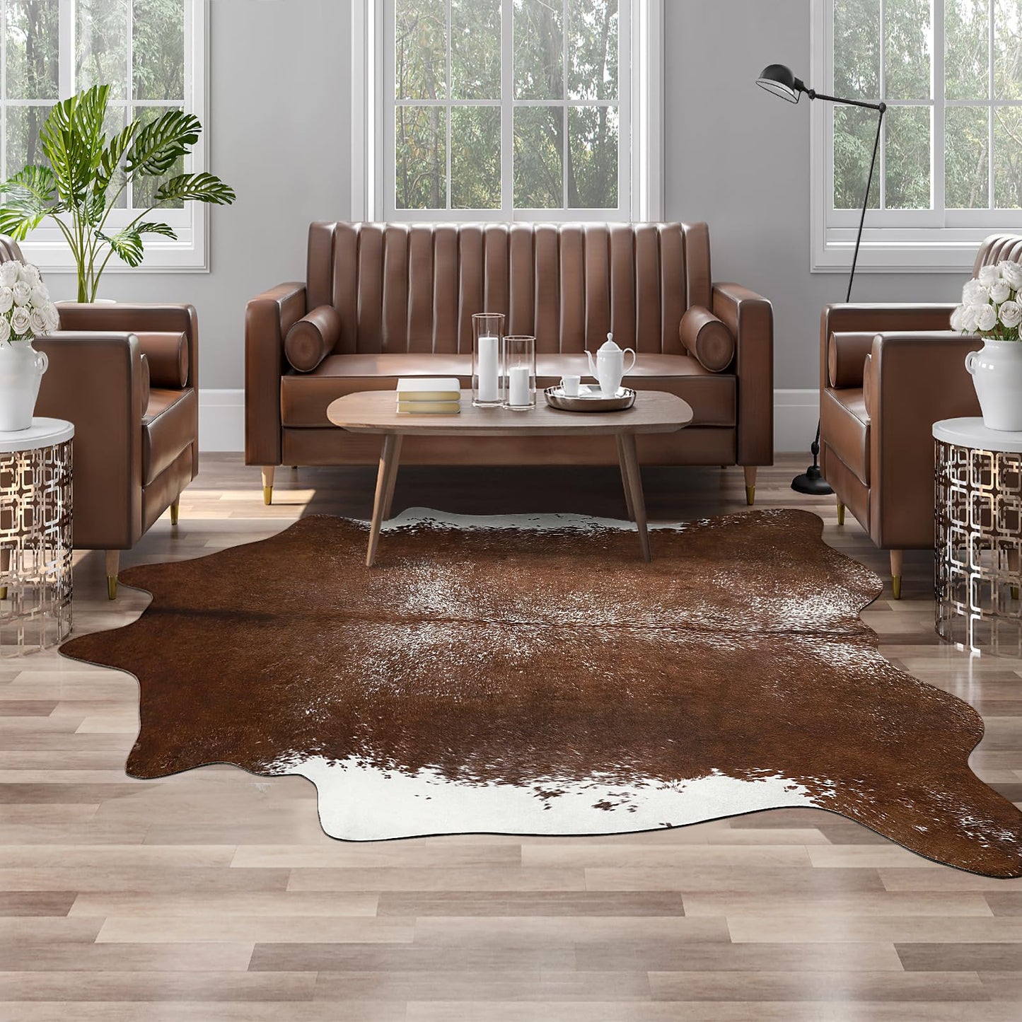 AROGAN Premium Faux Cowhide Rug 4.6 x 5.2 Feet, Sturdy and Large Size Cow Print Rugs, Suitable for Bedroom Living Room Western Decor