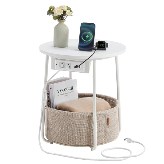 VASAGLE Side Table with Charging Station, Round End Table With Fabric Basket, Nightstand with Power Outlets USB Ports, for Living Room, Bedroom, Modern, Ebony Black and Slate Gray ULET228B01