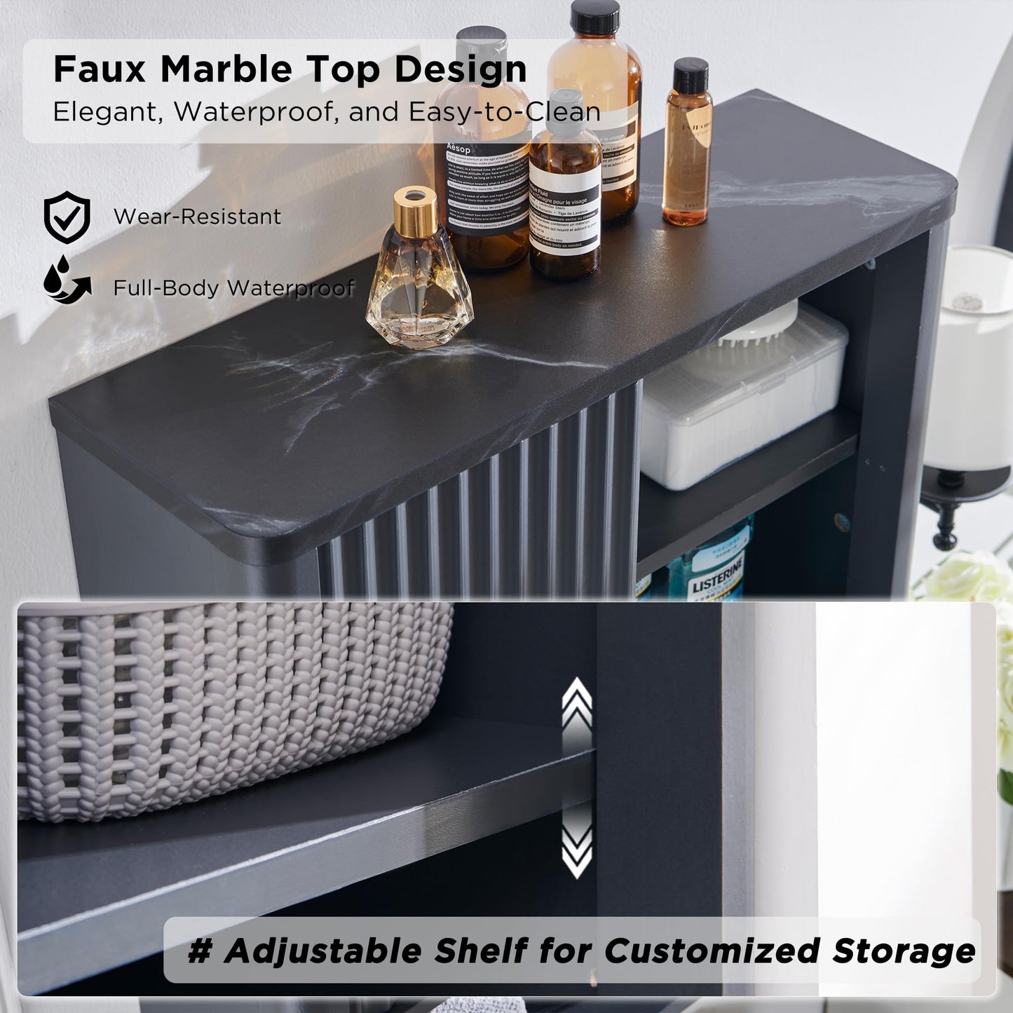 RedLemon Bathroom Wall Cabinet w/Fluted Sliding Door, Modern Medicine Cabinet w/Faux Marble Top & Adjustable Shelf, Curved Profile Wall Mounted Storage Organizer, Natural Oak Color