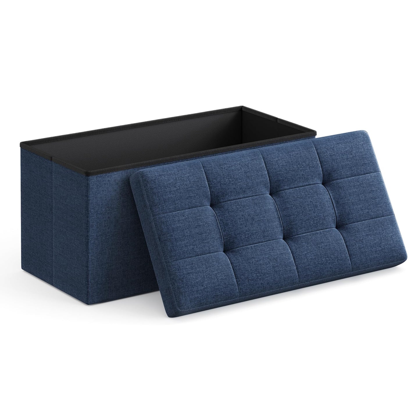 SONGMICS MAZIE Collection - 43 Inches Folding Storage Ottoman Bench, Ottoman Foot Rest, End of Bed Bench, Storage Chest, Load 660 lb, for Living Room, Bedroom, Entryway, Midnight Blue ULSF77IN