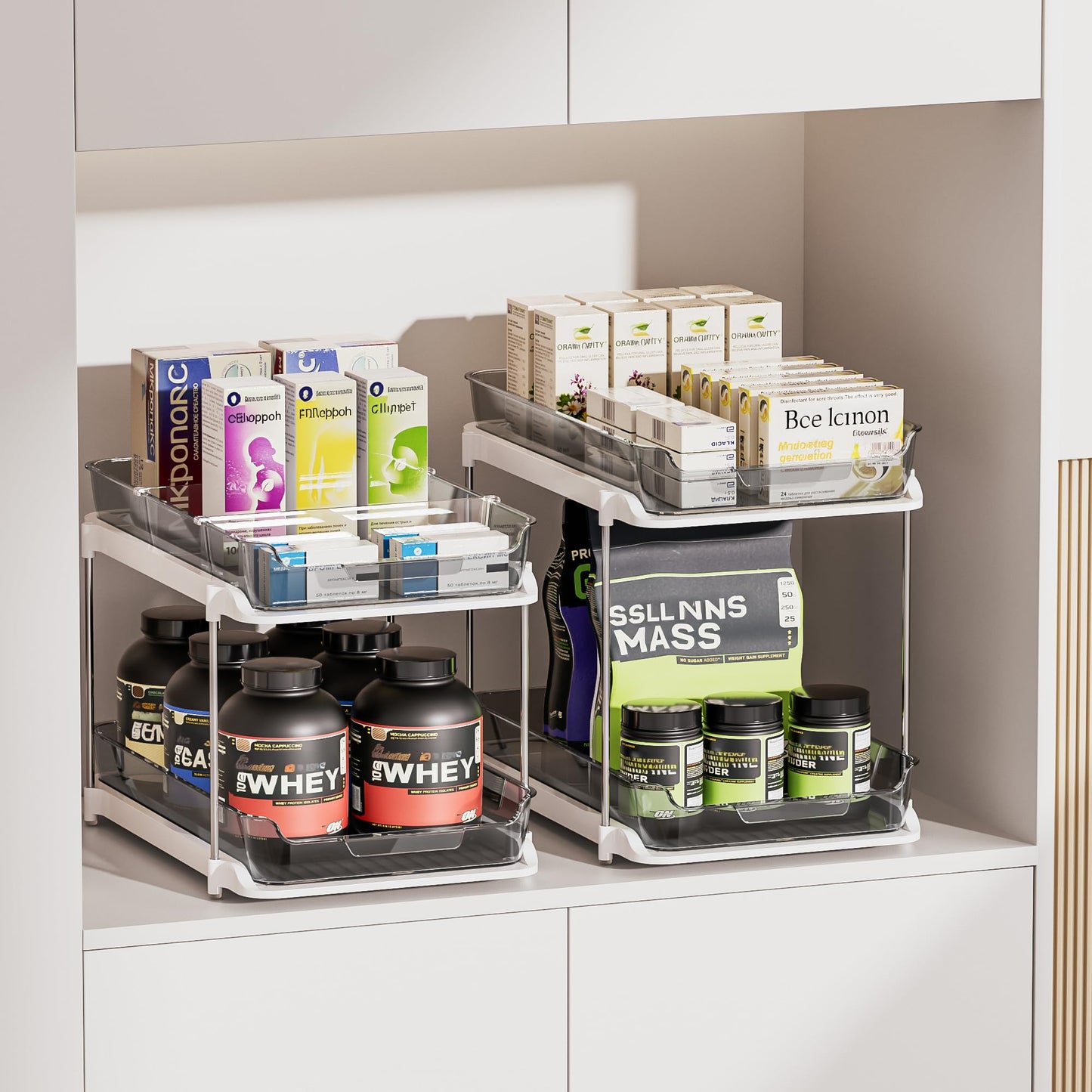 Delamu 2 Sets of 2-Tier Multi-Purpose Bathroom Under Sink Organizers and Storage, Stackable Kitchen Pantry Organization