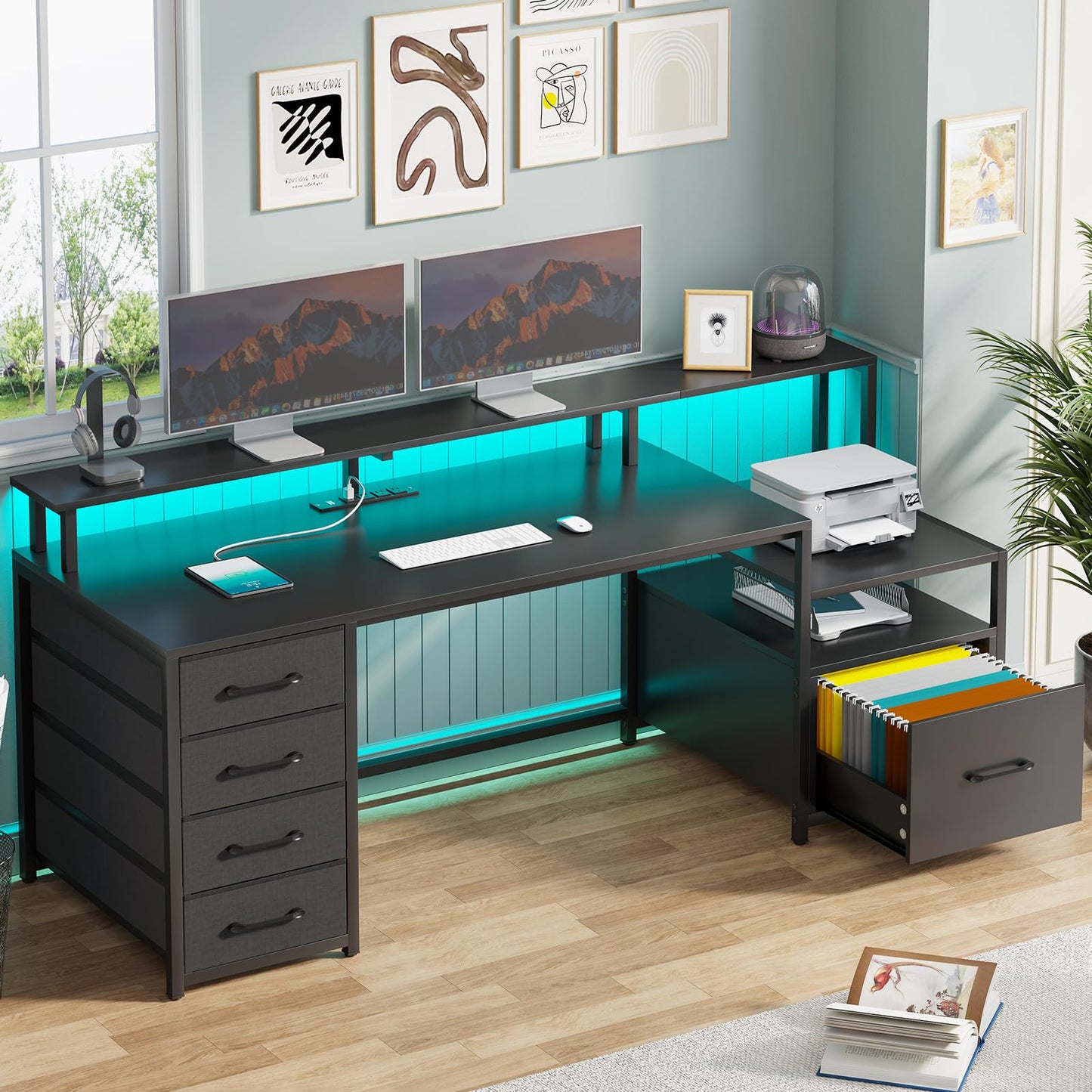 SEDETA Home Office Desk with File Drawer & Power Outlet, 66'' Computer Desk with 5 Drawer, Storage Shelves, Printer Cabinet and Monitor Shelf, Gaming Desk with Led Lights, Rustic Brown