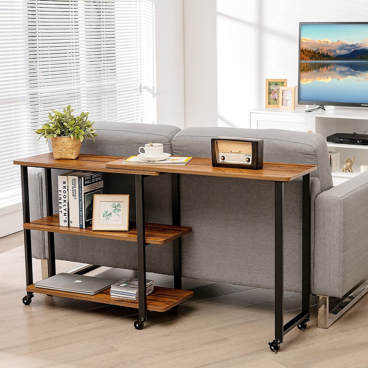 Tangkula 360° Rotating Sofa Side Table, Patented Mobile End Table with 2-Tier Storage Shelves, Swivel Rolling Desk with 6 Lockable Casters
