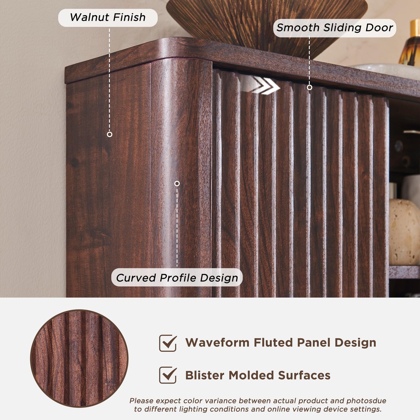 RedLemon Bathroom Wall Cabinet w/Fluted Sliding Door, Modern Medicine Cabinet w/Faux Marble Top & Adjustable Shelf, Curved Profile Wall Mounted Storage Organizer, Natural Oak Color