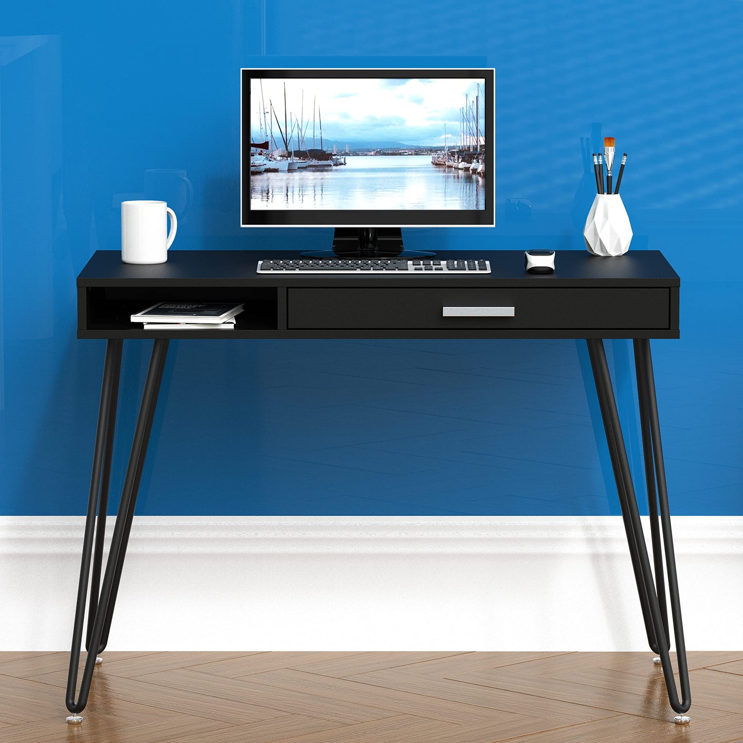 SHW Home Office Computer Hairpin Leg Desk with Drawer, Rustic Brown