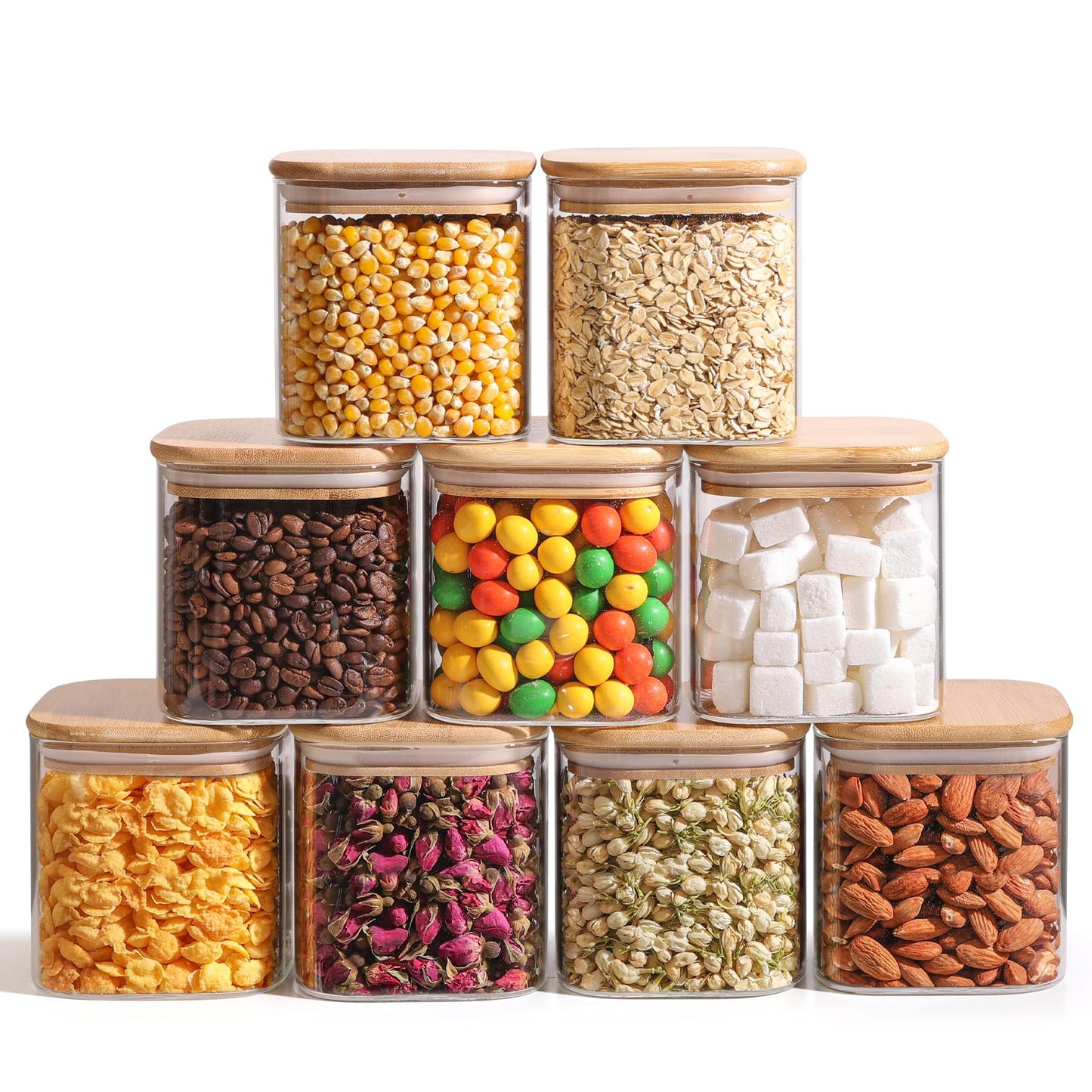 ComSaf Airtight Glass Storage Canister with Lids (24oz/37oz/51oz) Set of 6, Clear Food Storage Container Kitchen Pantry Storage Jar, Glass Jars for Flour Cereal Sugar Tea Coffee Beans Snacks, Square