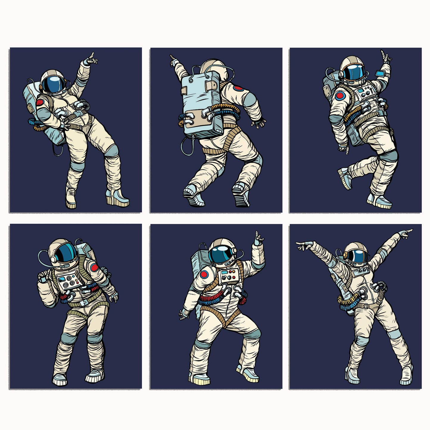 Outer Space Room Decor - Set of 6 Space Posters, 8x10 Dancing Astronaut Wall Prints, Space Wall Art for Boys, Kids & Space Fans, Printed on FSC Certified 100# Cardstock
