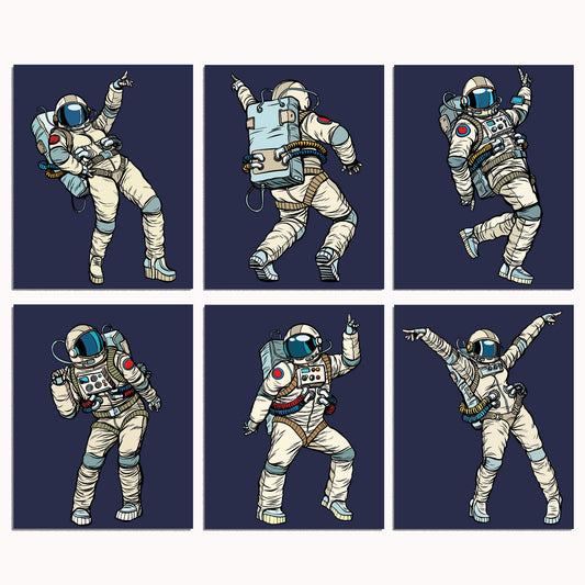 Outer Space Room Decor - Set of 6 Space Posters, 8x10 Dancing Astronaut Wall Prints, Space Wall Art for Boys, Kids & Space Fans, Printed on FSC Certified 100# Cardstock