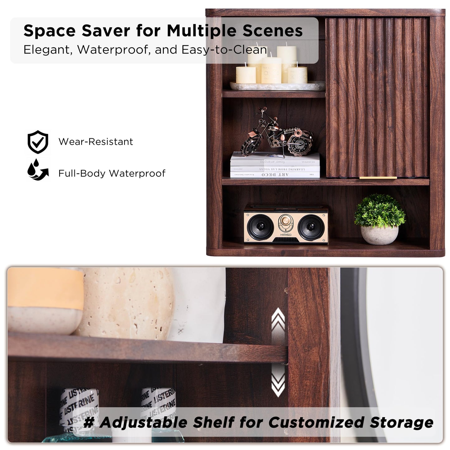 RedLemon Bathroom Wall Cabinet w/Fluted Sliding Door, Modern Medicine Cabinet w/Faux Marble Top & Adjustable Shelf, Curved Profile Wall Mounted Storage Organizer, Natural Oak Color