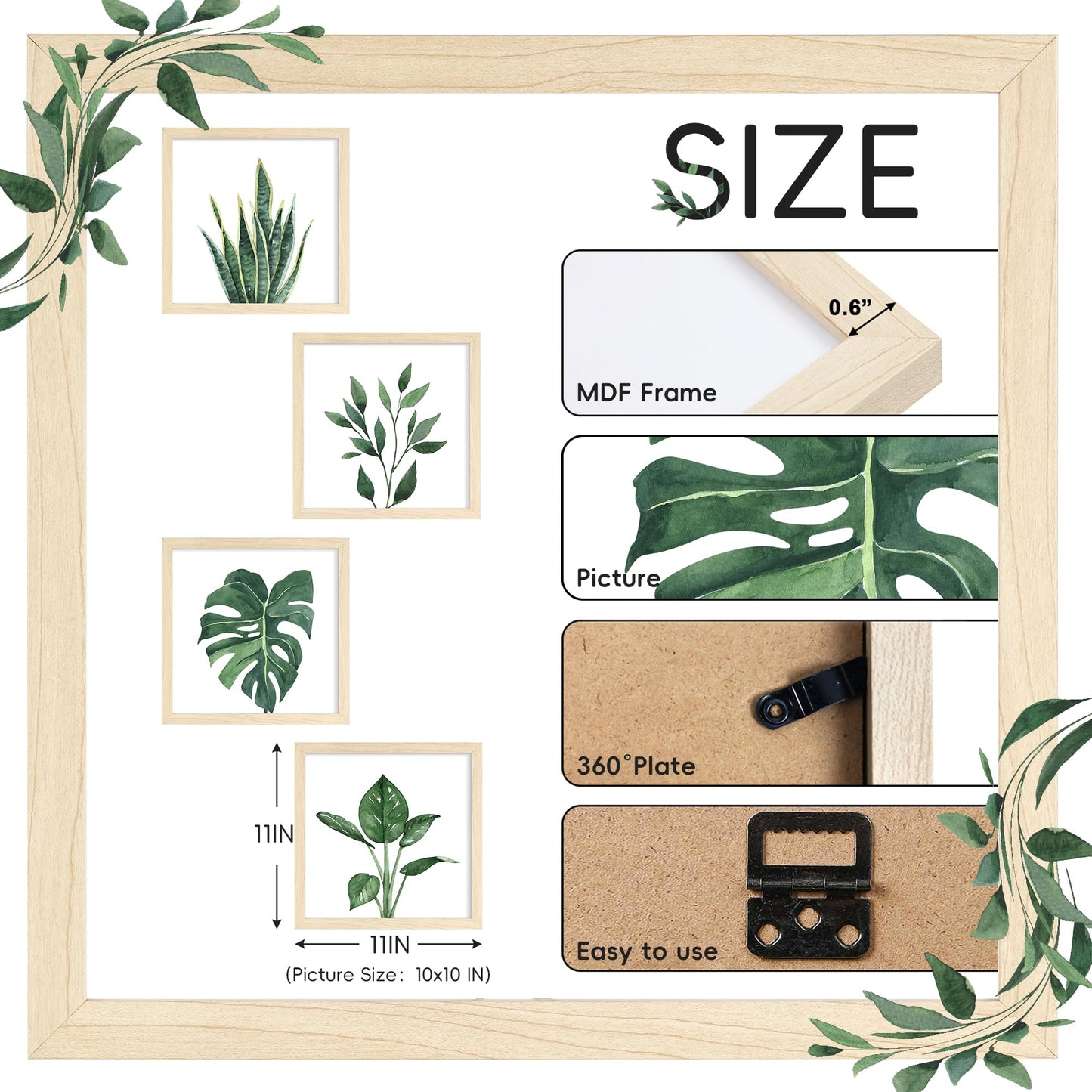 ArtbyHannah Framed Bathroom Wall Decor, 10x10 Inch Botanical Wall Art with Sage Green Plant Print for Wall Decoration, Minimalist Restroom Decor (Walnut)