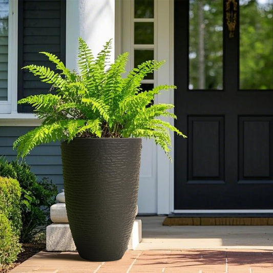 Tall Round Planters Set of 2-14" Dia x 21" H Stone Finish Flower Pots Indoor Decorative Container Garden Patio Unbreakable Beige
