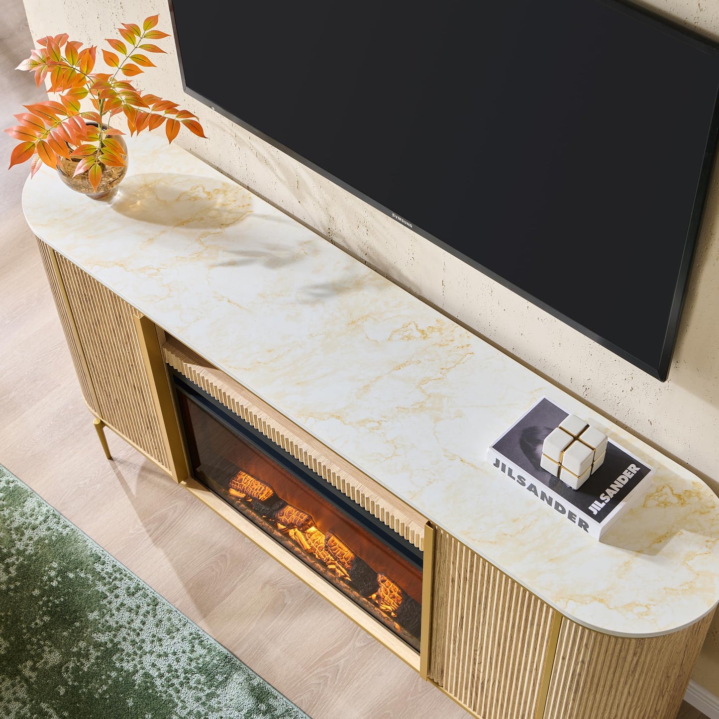 OKD Luxury 70" Fluted TV Stand, Modern Chic Entertainment Center for TVs Up to 80 inches, TV Console with Faux Marble Top, Curved Profile Design, Media Console for Living Room, Navy Blue
