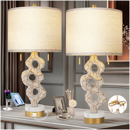 Scenekoy Sculptural Table Lamp Set of 2 for Bedroom, 26” Farmhouse Bedside Lamps for Living Room, Rustic Linen Shade Night Stand Lamp Marble Base with USB Ports for Home Decor (E26 Bulbs Included)