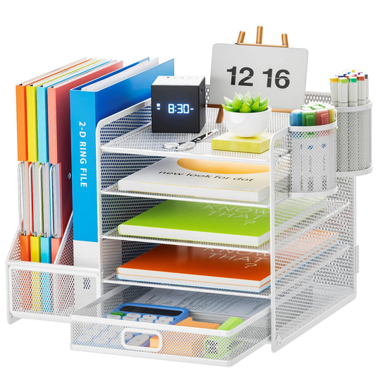 Marbrasse Desk Organizer with File Holder, 5-Tier Paper Letter Tray Organizer with Drawer and 2 Pen Holder, Mesh Desktop Organizer and Storage with Magazine Holder for Office Supplies(Black)