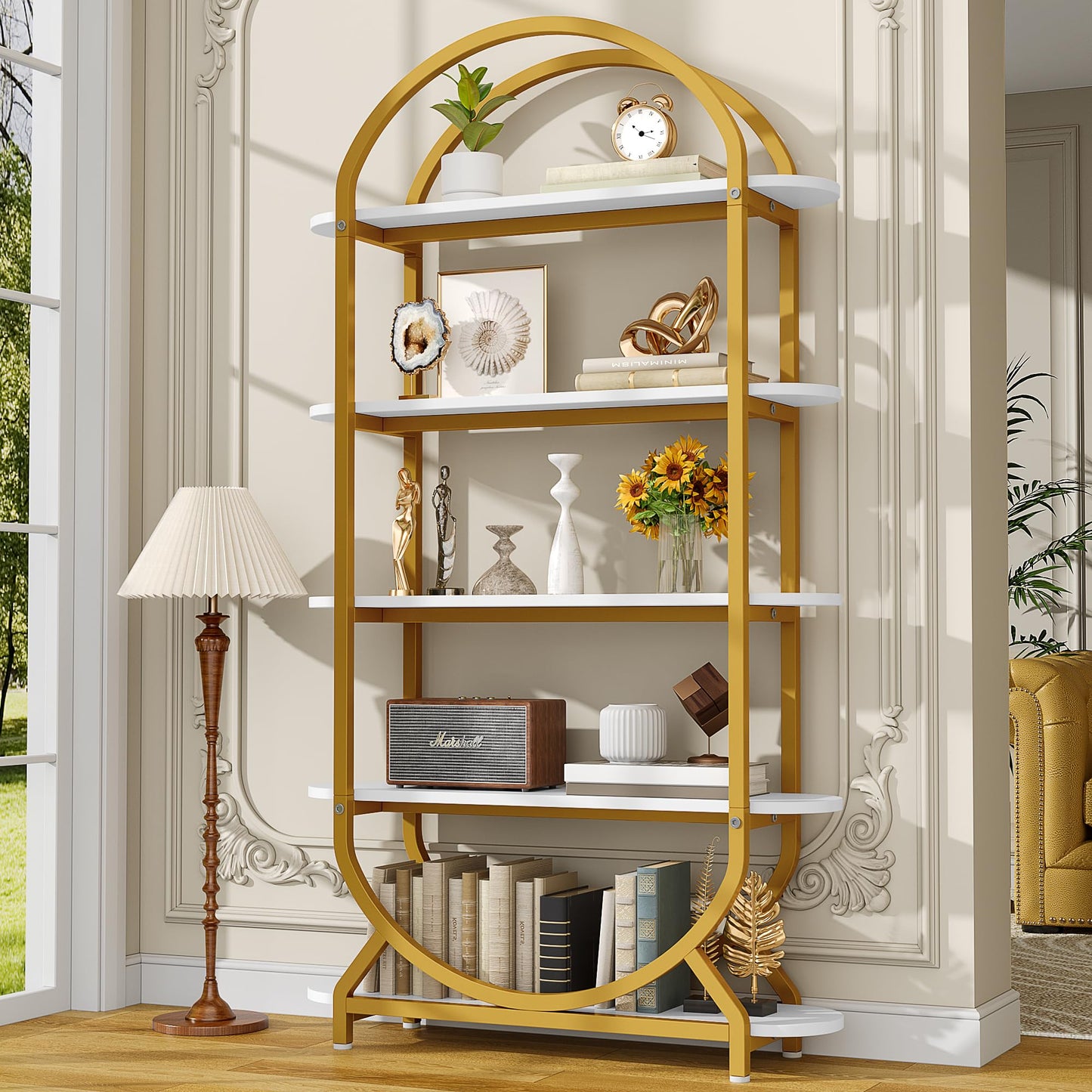 Arched Bookshelf, Bookcase with Doors Storage, 71 Inches Tall Industrial Book Shelf with Sturdy Metal Frame, E1 Quality Boards, Freestanding Display Shelving Unit, Black