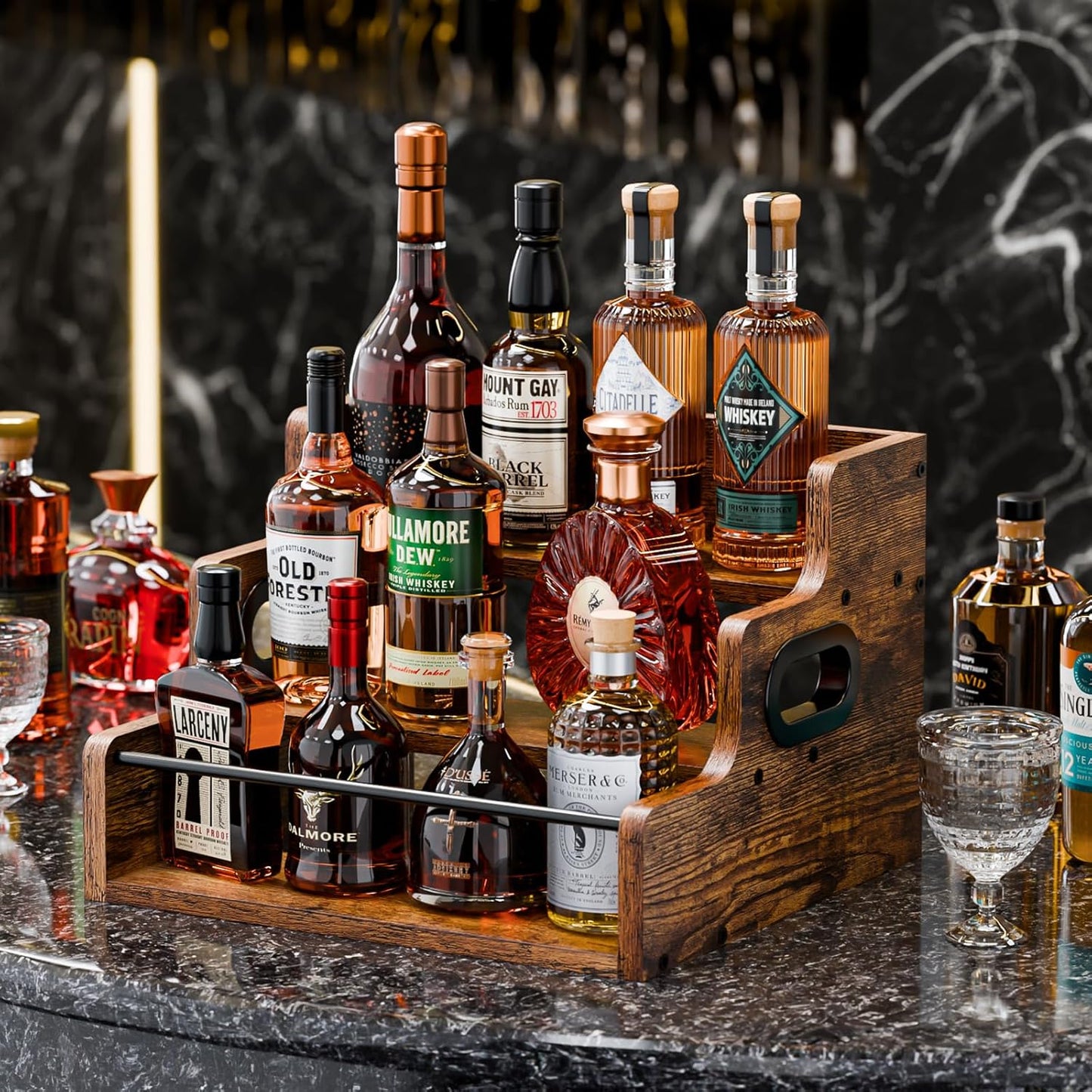 KLM Liquor Bottle Display Shelf, Coffee Syrup Rack Organizer, 3 Step Countertop Wine Rack, Mini Bar