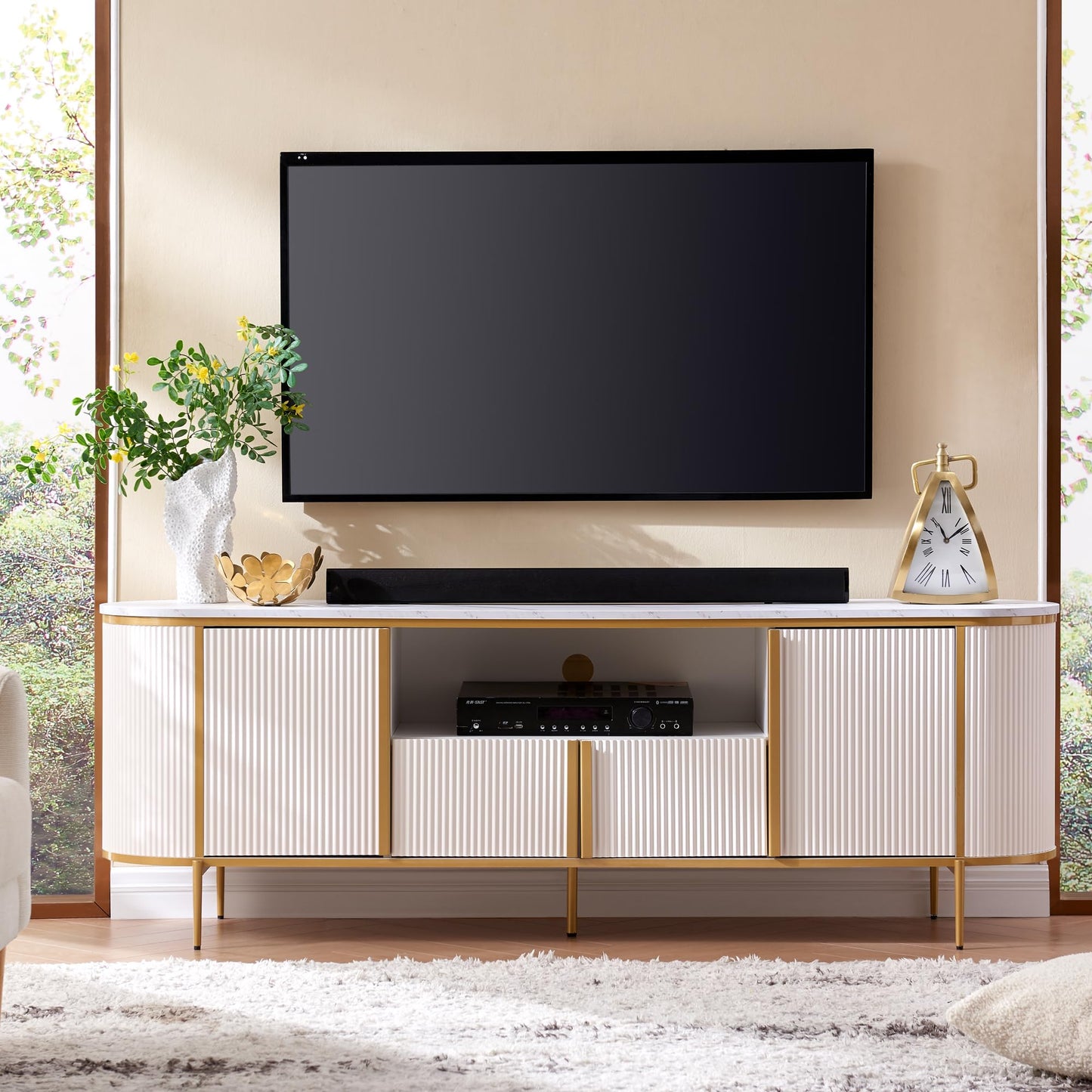 OKD Luxury 70" Fluted TV Stand, Modern Chic Entertainment Center for TVs Up to 80 inches, TV Console with Faux Marble Top, Curved Profile Design, Media Console for Living Room, Navy Blue