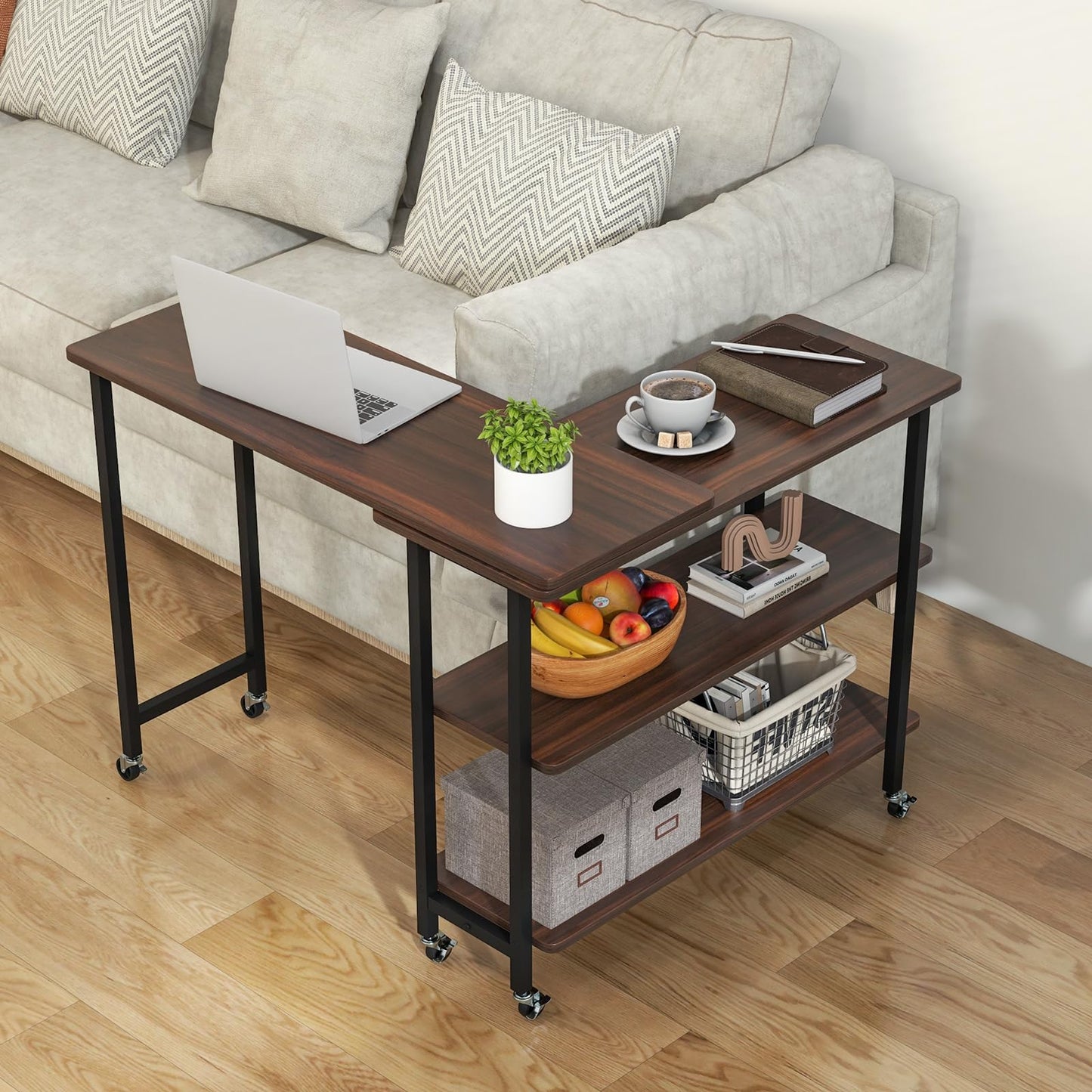 Tangkula 360° Rotating Sofa Side Table, Patented Mobile End Table with 2-Tier Storage Shelves, Swivel Rolling Desk with 6 Lockable Casters