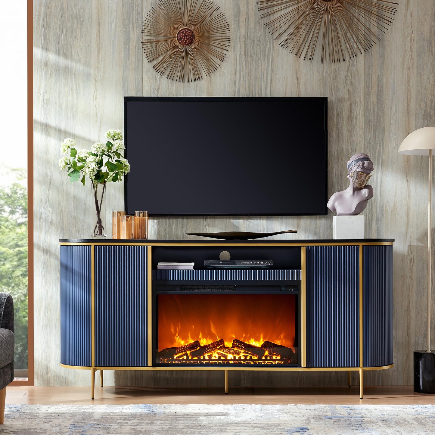 OKD Luxury 70" Fluted TV Stand, Modern Chic Entertainment Center for TVs Up to 80 inches, TV Console with Faux Marble Top, Curved Profile Design, Media Console for Living Room, Navy Blue