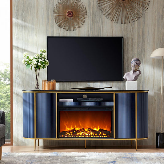 OKD Luxury 70" Fluted TV Stand, Modern Chic Entertainment Center for TVs Up to 80 inches, TV Console with Faux Marble Top, Curved Profile Design, Media Console for Living Room, Navy Blue