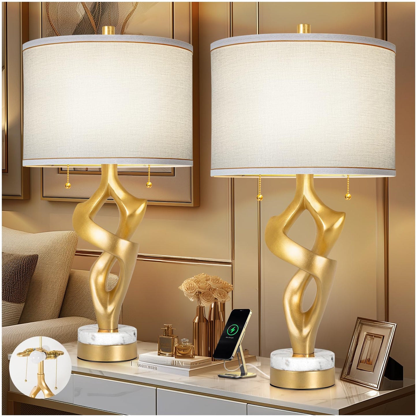 Scenekoy Sculptural Table Lamp Set of 2 for Bedroom, 26” Farmhouse Bedside Lamps for Living Room, Rustic Linen Shade Night Stand Lamp Marble Base with USB Ports for Home Decor (E26 Bulbs Included)