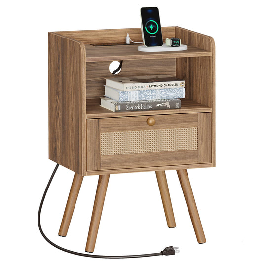SUPERJARE Nightstands Set of 2, Night Stands with Charging Station & PE Rattan Decor Drawer, Bed Side Tables with Solid Wood Feet, End Table, for Bedroom, Living Room - Natural