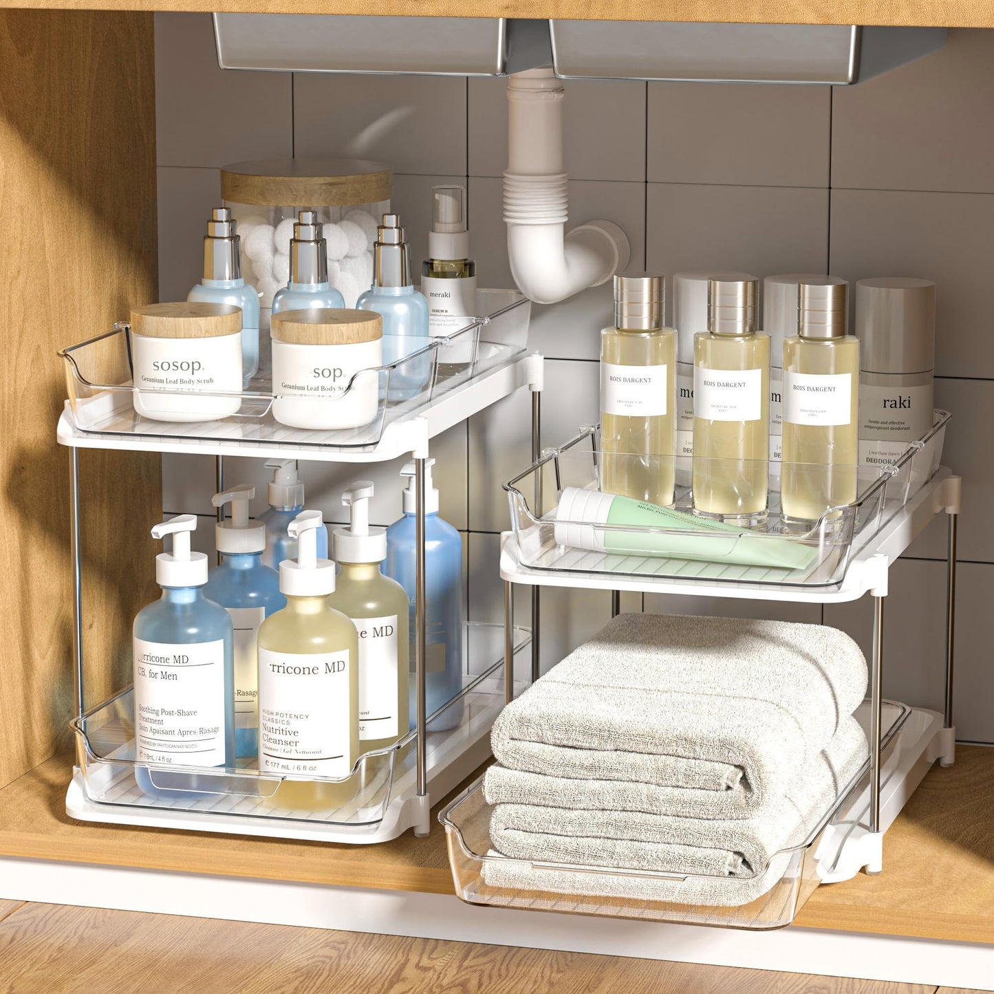Delamu 2 Sets of 2-Tier Multi-Purpose Bathroom Under Sink Organizers and Storage, Stackable Kitchen Pantry Organization