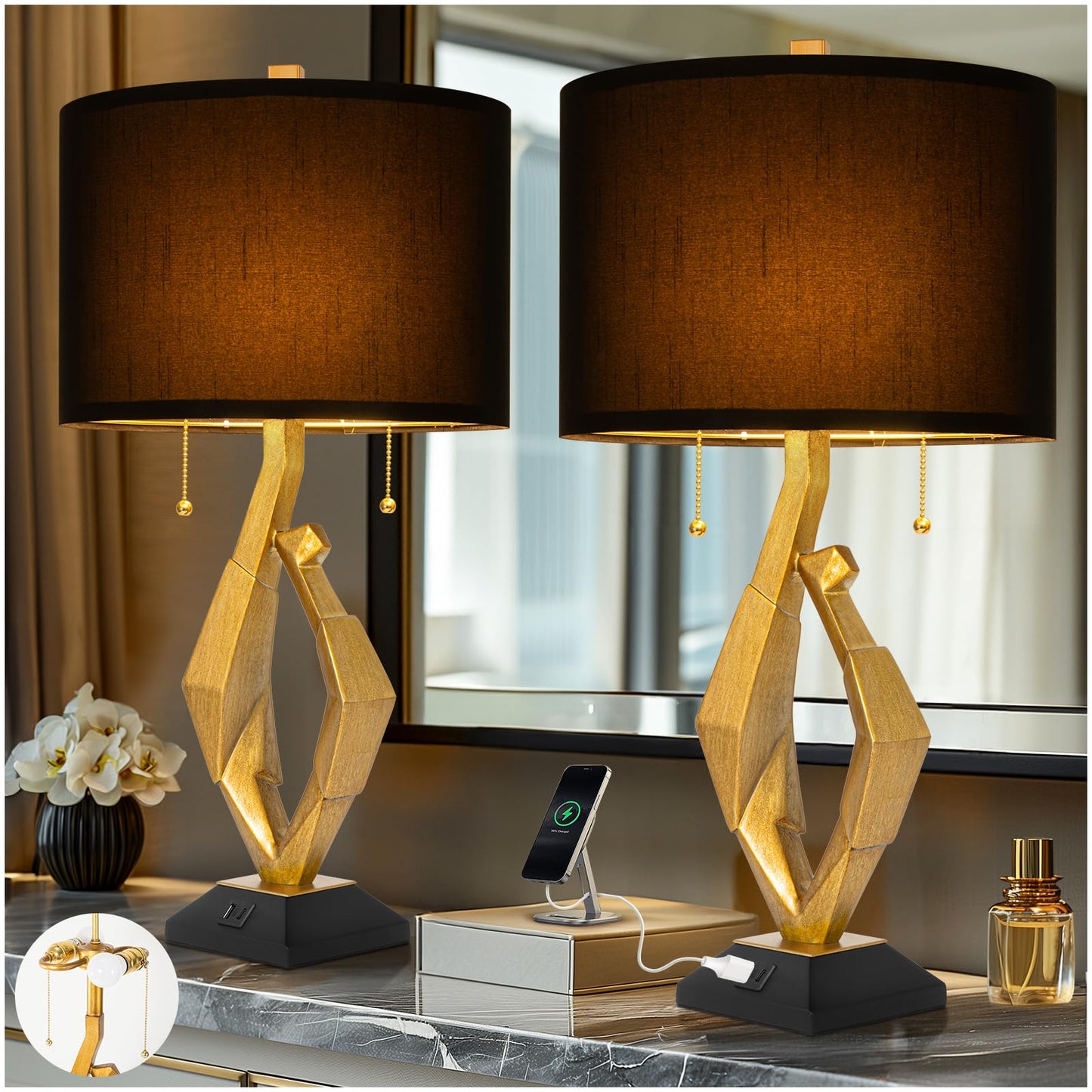Scenekoy Sculptural Table Lamp Set of 2 for Bedroom, 26” Farmhouse Bedside Lamps for Living Room, Rustic Linen Shade Night Stand Lamp Marble Base with USB Ports for Home Decor (E26 Bulbs Included)