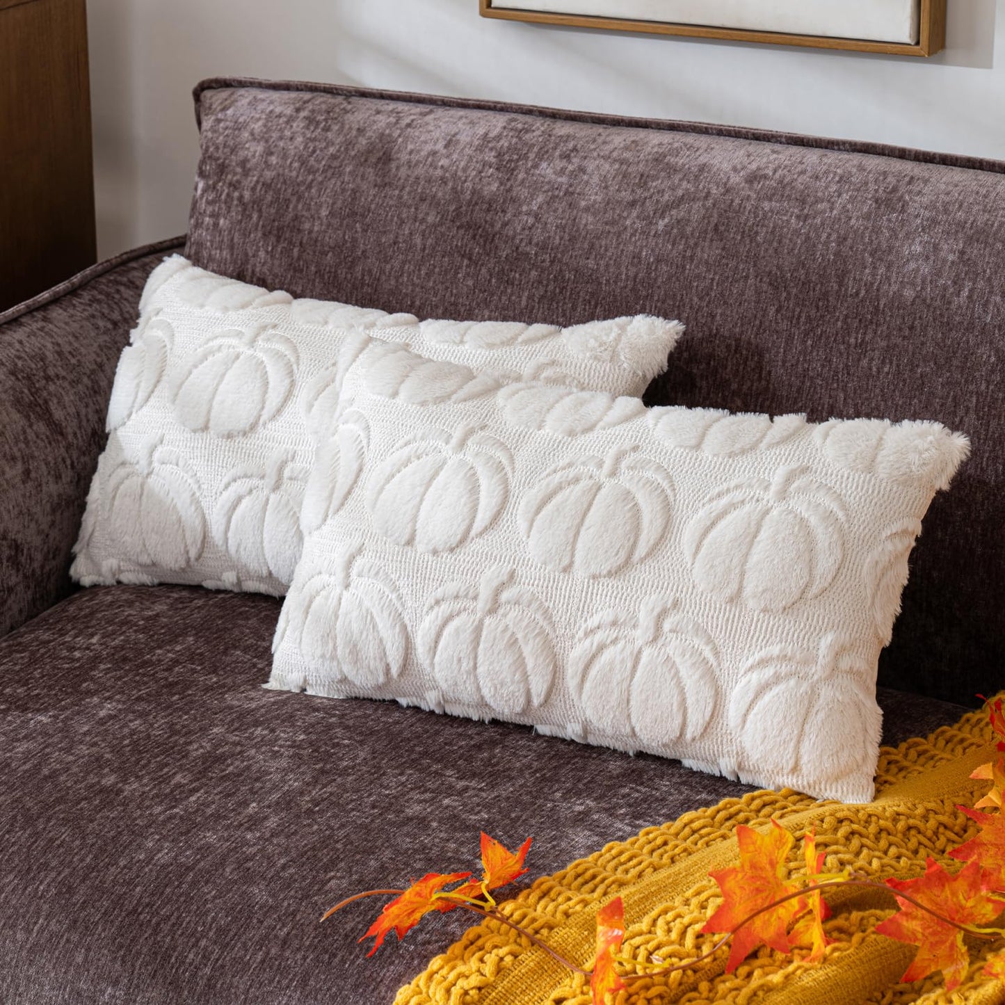 Pumpkin Fall Decorative Throw Pillow Covers 18"x18", Set of 2 Rust Red Soft Faux Fur