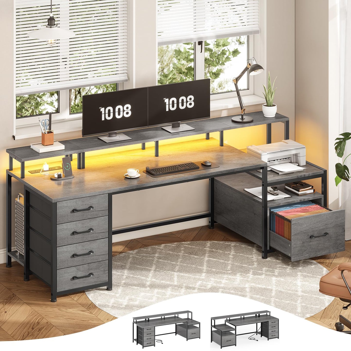 SEDETA Home Office Desk with File Drawer & Power Outlet, 66'' Computer Desk with 5 Drawer, Storage Shelves, Printer Cabinet and Monitor Shelf, Gaming Desk with Led Lights, Rustic Brown
