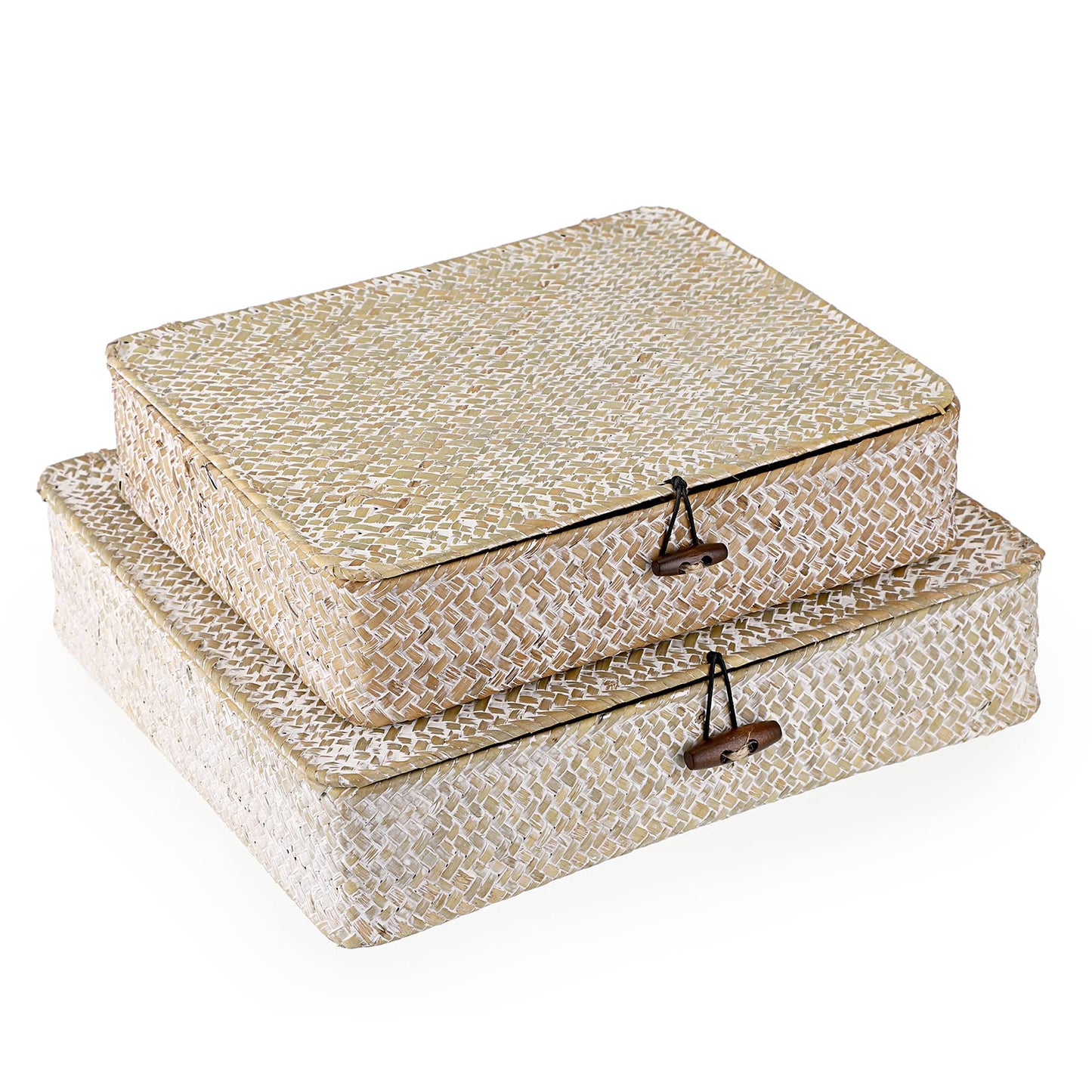 Hipiwe Set of 2 Flat Woven Wicker Storage Bins with Lid Natural Seagrass Basket Multipurpose Home Boxes for Shelf Organizer (Coffee)