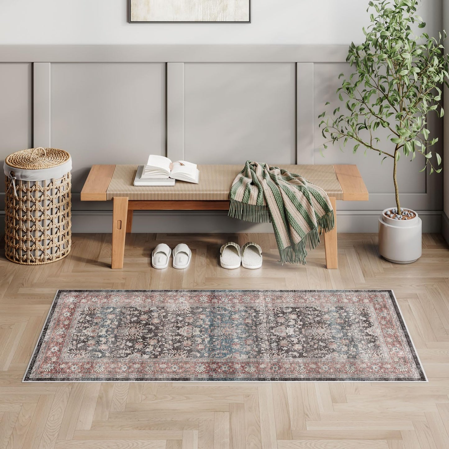 Dripex Vintage Runner Rug-2x8 Washable Distressed Hallway Runner Oriental Medallion Carpet Non-Slip Stain-Resistant Kitchen Mat Foldable Thin Accent Rug for Entrance Living Room Bedroom